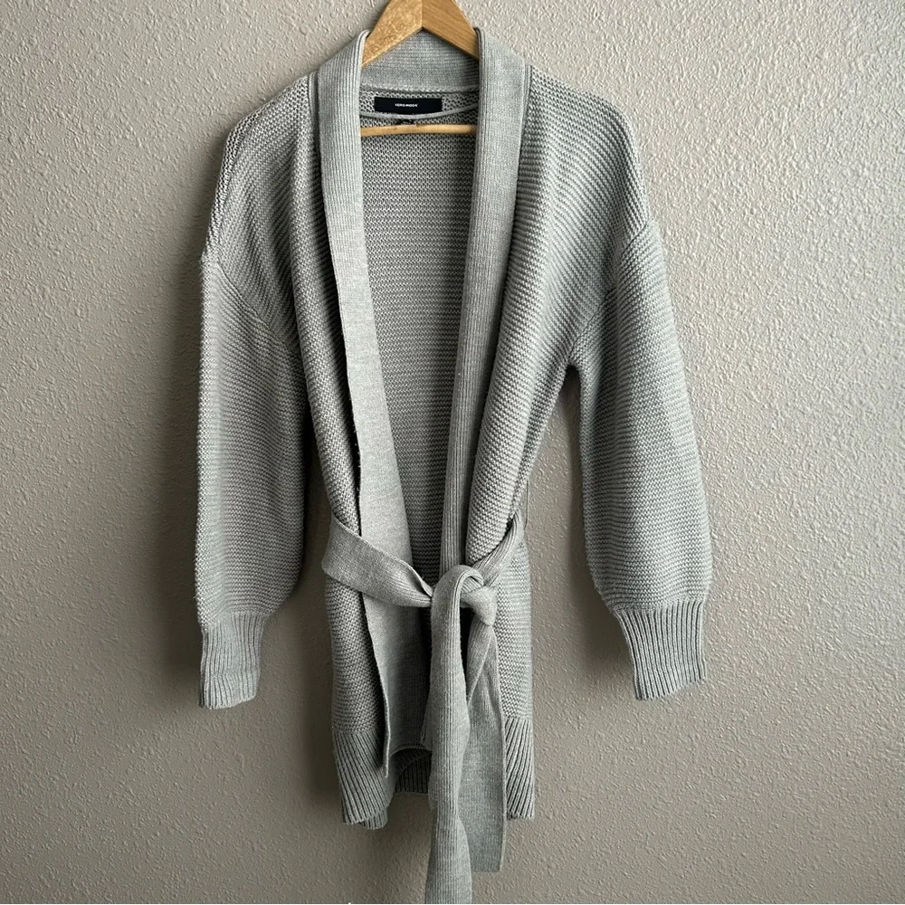 Vero Moda Light Gray VMNONAME Long Knit Tie Waist Shawl Neck‎ Cardigan Sweater
